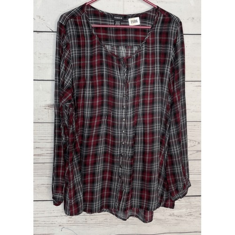 TORRID Tunic Womens Plus 2 Challis Button Down Plaid Long Sleeve Shirt